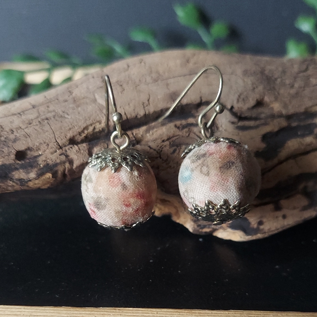 E719 Floral Chiffon Wrapped Goldtone Dangle Earrings